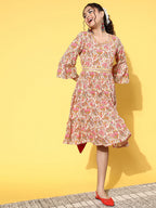InWeave Women's Pink Boota Print Belted Dress | Grocsy