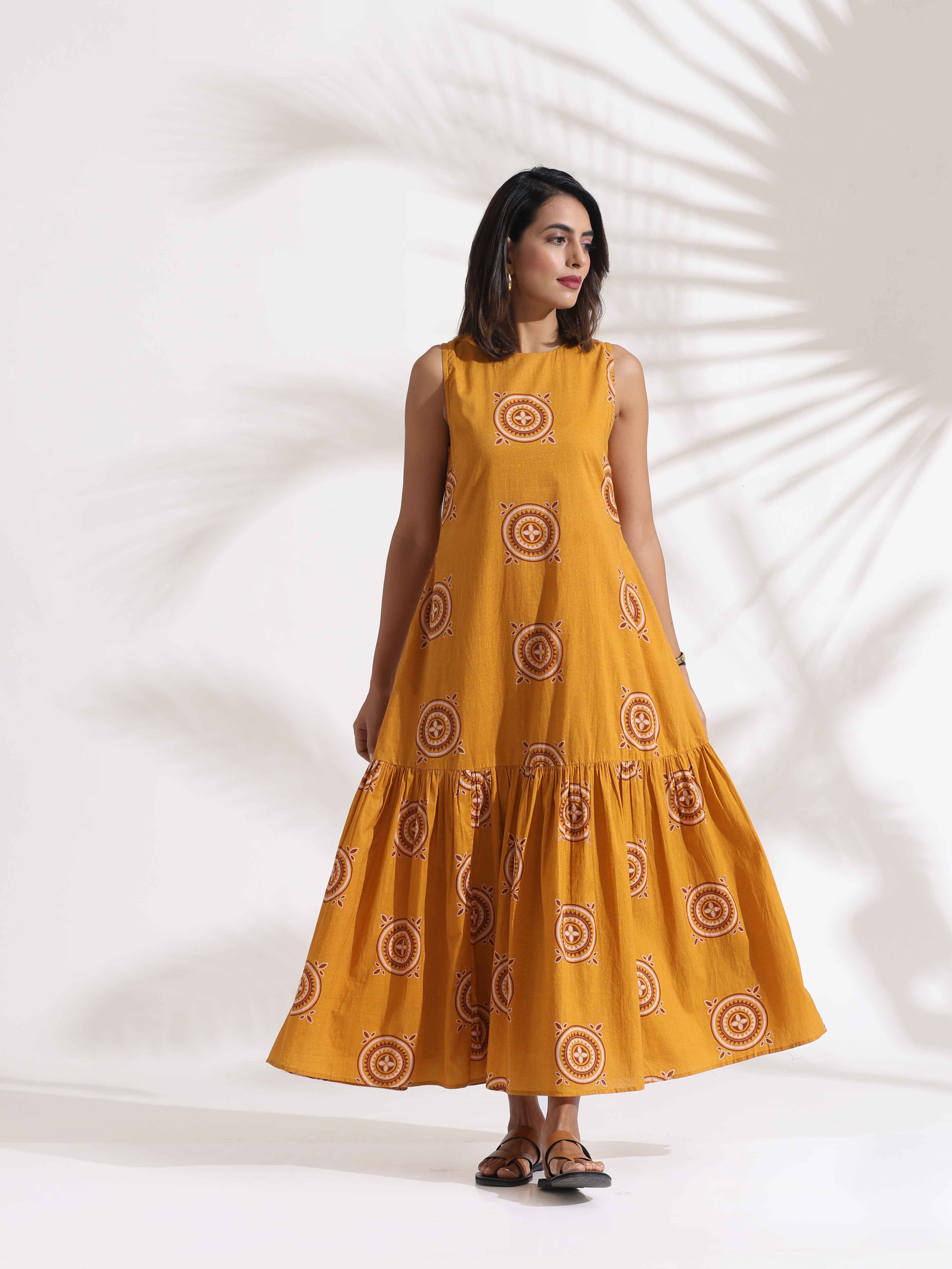 trueBrowns Mustard Cotton Print Tier Dress | Grocsy