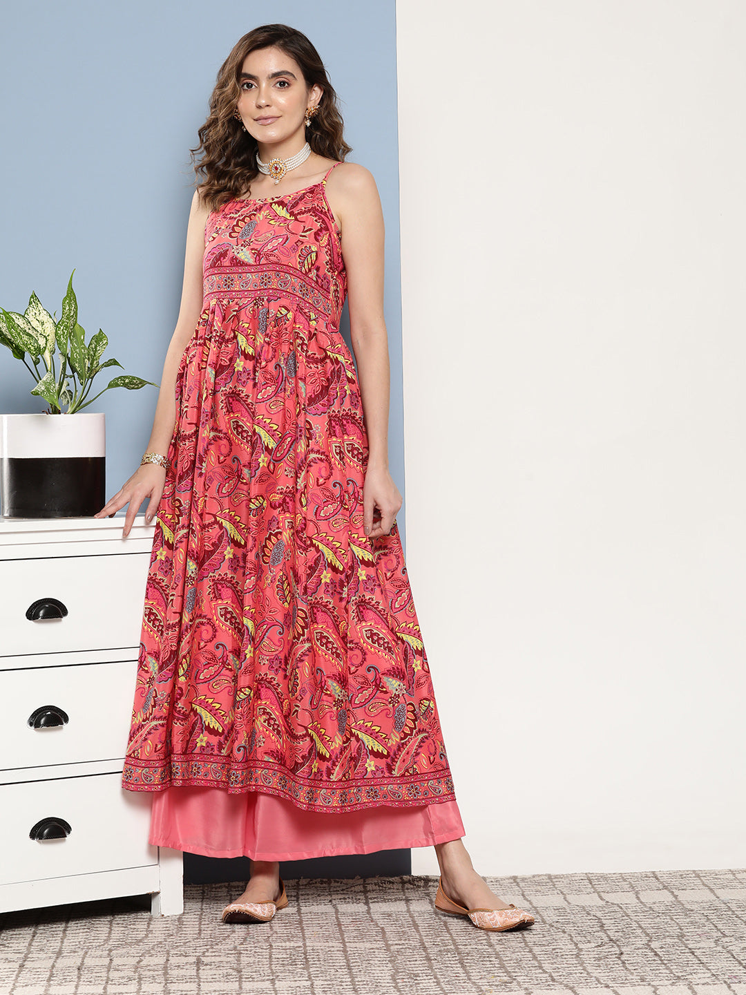 InWeave Women's Camelia Pastel Peach Print Strappy Kurta Set | Grocsy