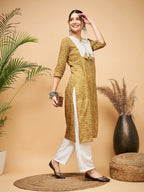 InWeave Women's Olive Ajrakh Print Cotton Patch Work Straight Kurta Pant Set | Grocsy