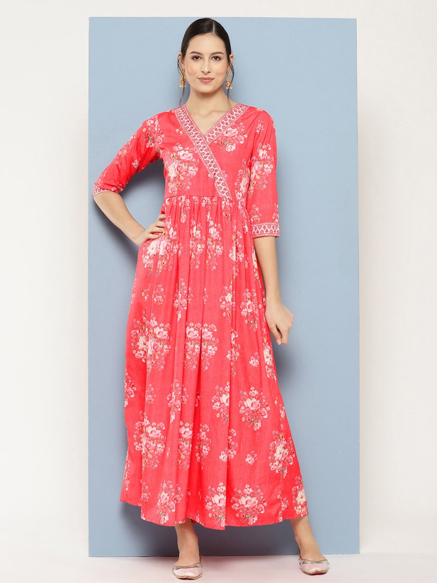 Ahalyaa Floral Printed Pleated Maxi Empire Ethnic Dress | Grocsy