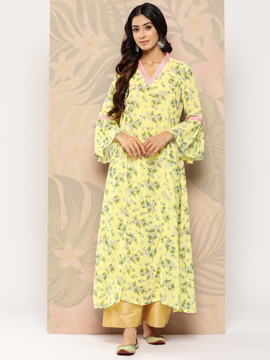 Ahalyaa Floral Printed Bell Sleeves Gotta Patti Georgette Kurta | Grocsy