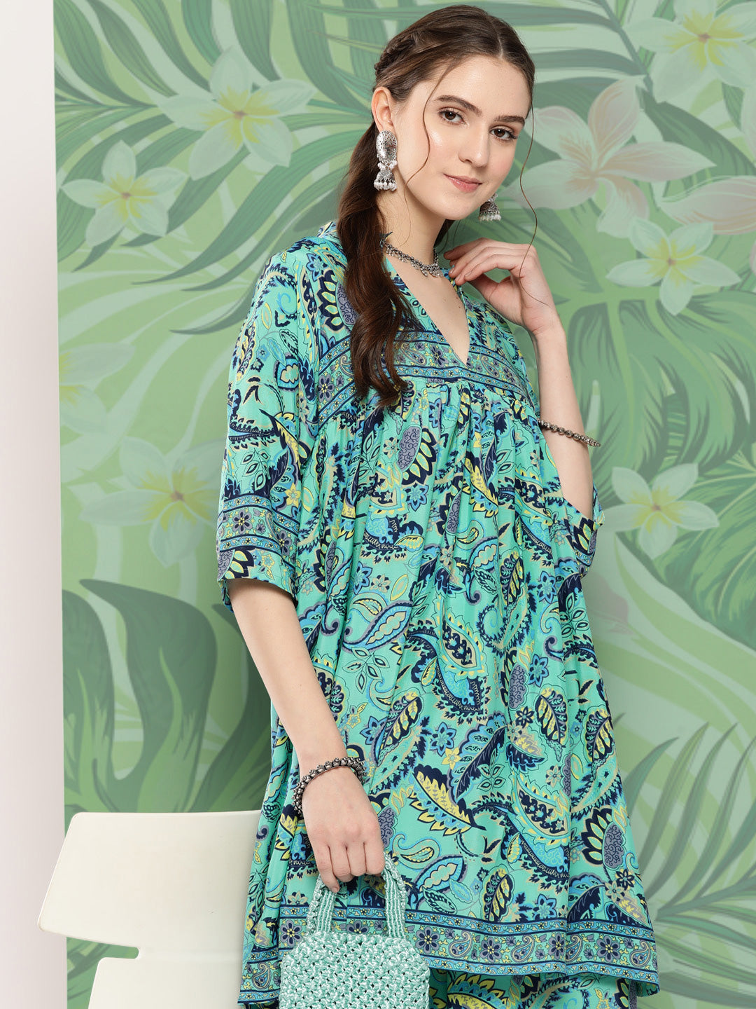 InWeave Women's Turquoise Blue Camelia Printed Ethnic Kurta Set | Grocsy