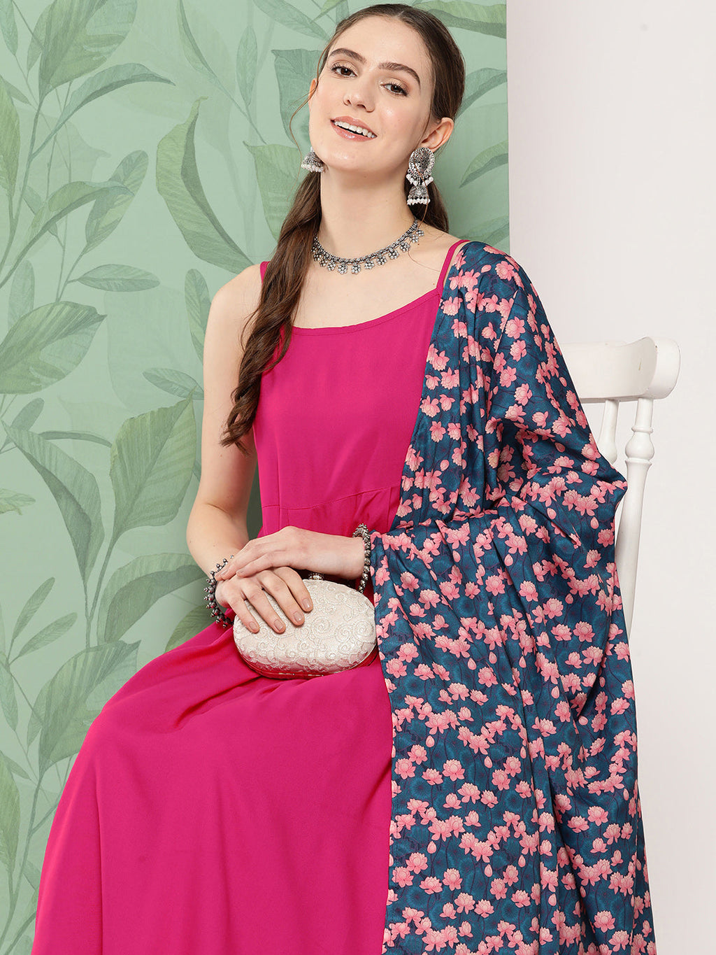 InWeave Women's Fuchsia Strappy Set W Navy Pink Lotus Cr Duptta | Grocsy