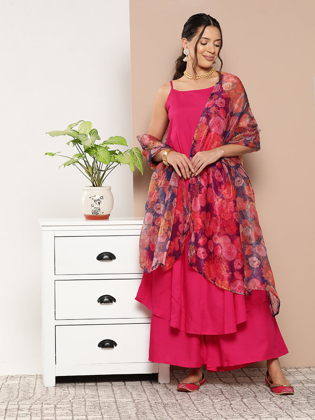 InWeave Women's Fuchsia Strappy Set With Navy Floral Organza Dupatta | Grocsy