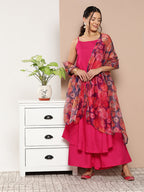 InWeave Women's Fuchsia Strappy Set With Navy Floral Organza Dupatta | Grocsy