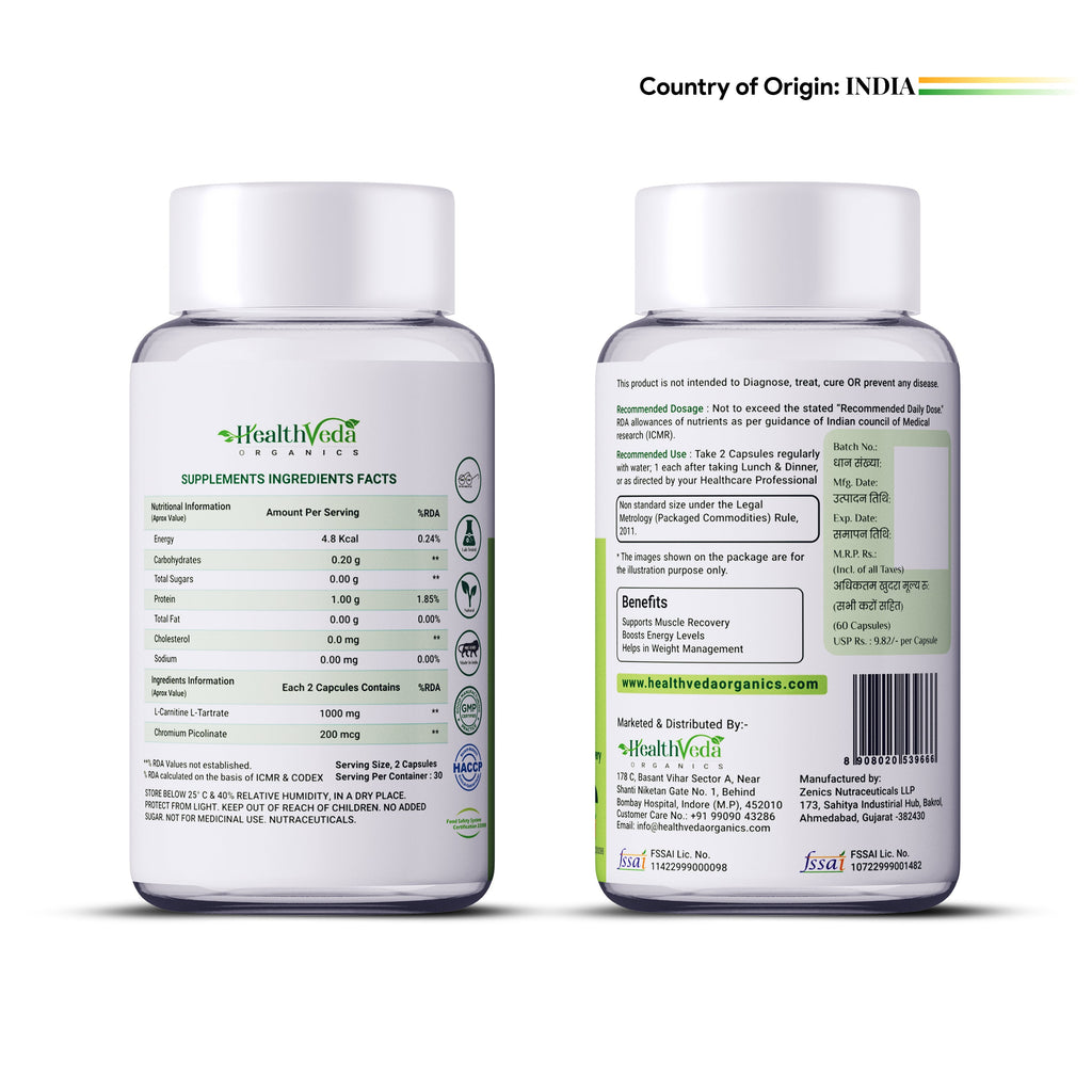 Health Veda Organics L Carnitine L-Tartrate Veg Capsules | Grocsy