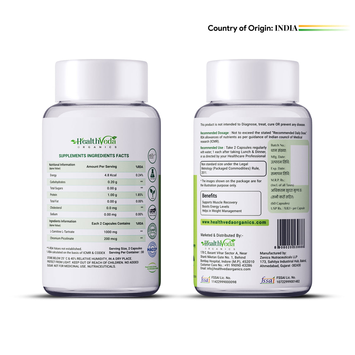 Health Veda Organics L Carnitine L-Tartrate Veg Capsules | Grocsy