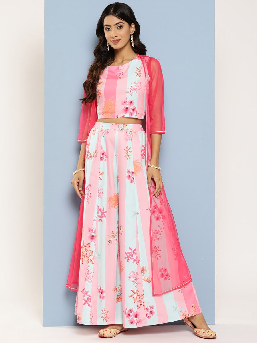 Ahalyaa Women Floral Printed Top with Palazzos & Shrug | Grocsy