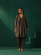 trueBrowns Grey Diamond Viscose Silk Yoke Gathered Co-ord Set | Grocsy