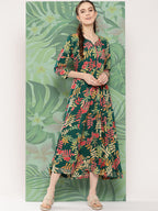 InWeave Women's Green Tropical Print Gota Long Dress | Grocsy