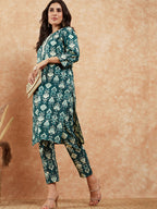InWeave Women's Peacock Blue Ikkat Print Gota Work Straight Kurta Pant Set | Grocsy