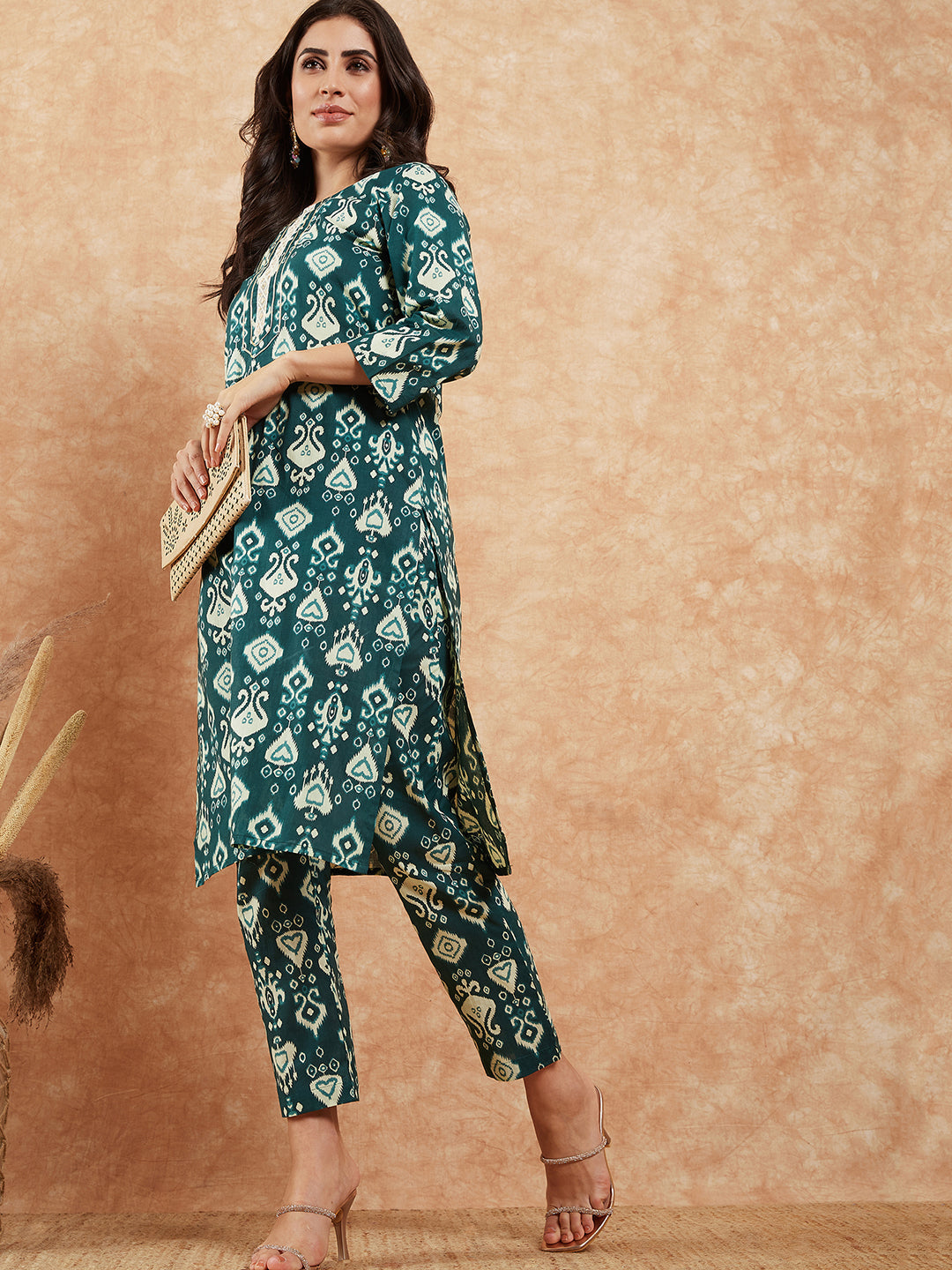 InWeave Women's Peacock Blue Ikkat Print Gota Work Straight Kurta Pant Set | Grocsy