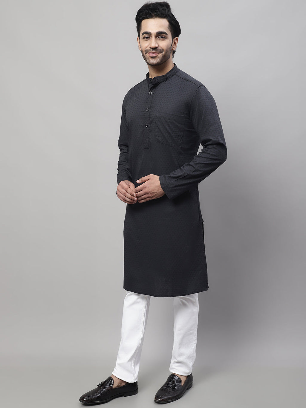 Even Apparels Black Pure Cotton Kurta With Band Collar | Grocsy