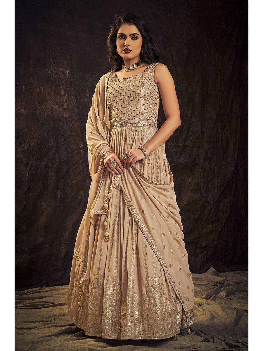 Myra Peach Real Georgette Designer Gown Style Suit | Grocsy
