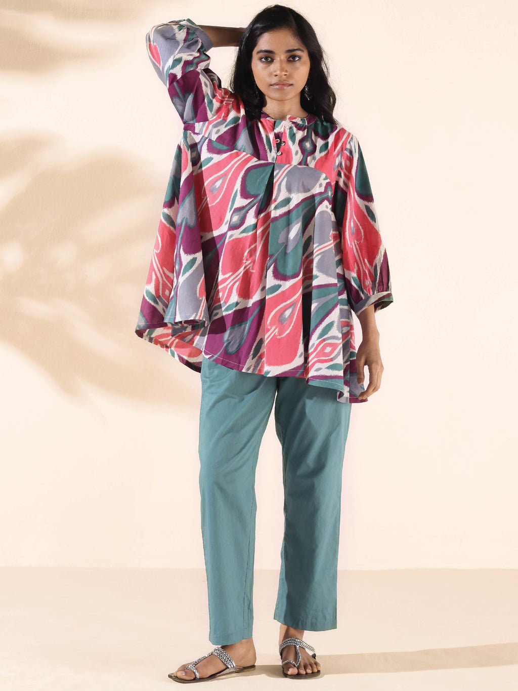 trueBrowns Green Cotton Ikat Flared Co-ord Set | Grocsy