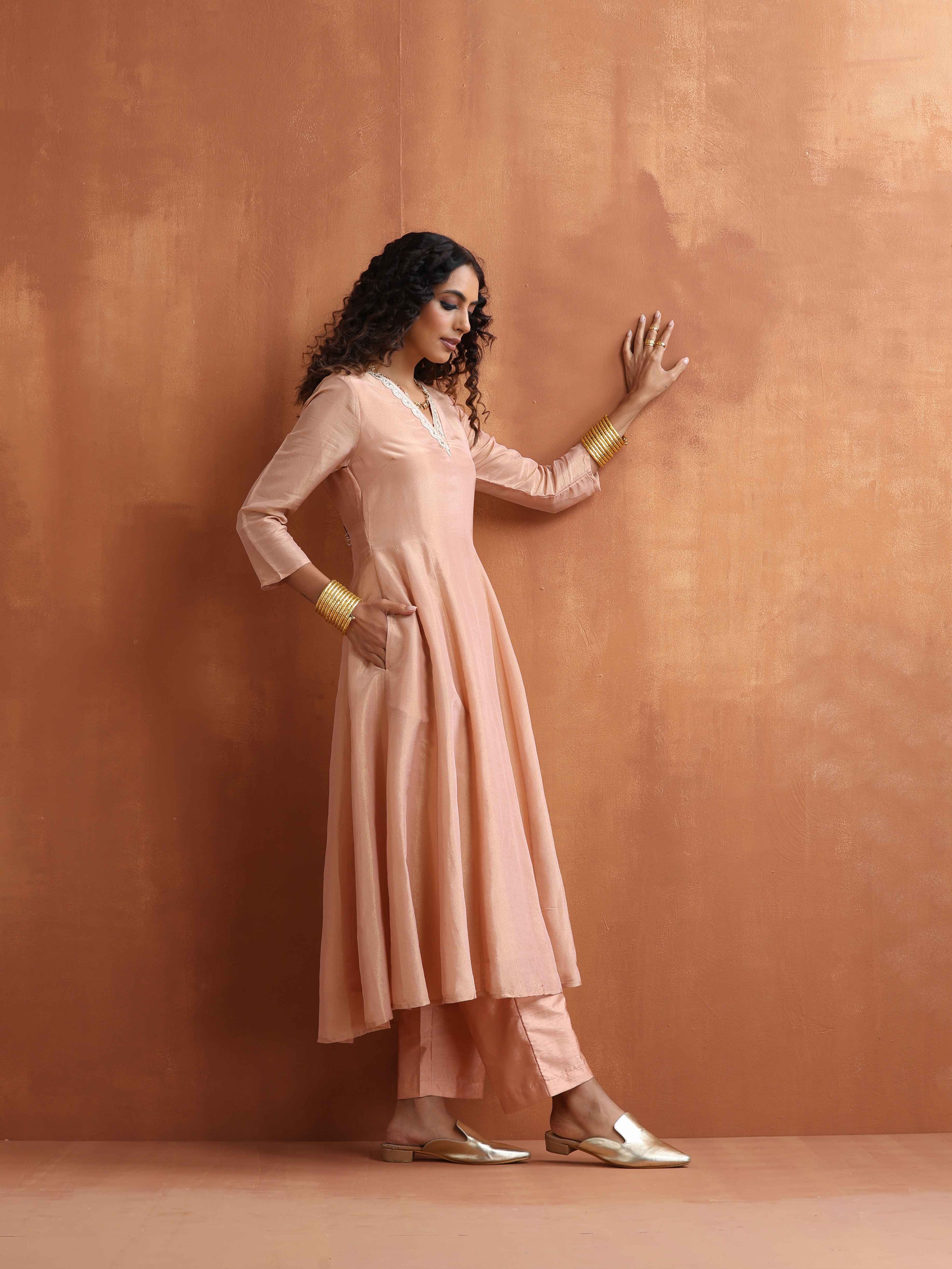 trueBrowns Blush Pink Tissue Flared Anarkali Kurta Set | Grocsy