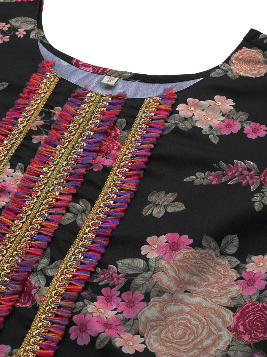 Ahalyaa Women Black Floral Printed Gotta Patti Kurta with Palazzos & With Dupatta | Grocsy