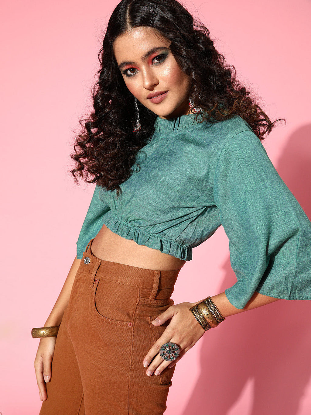 InWeave Women's Teal Blue High Neck Crop Top | Grocsy