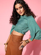 InWeave Women's Teal Blue High Neck Crop Top | Grocsy