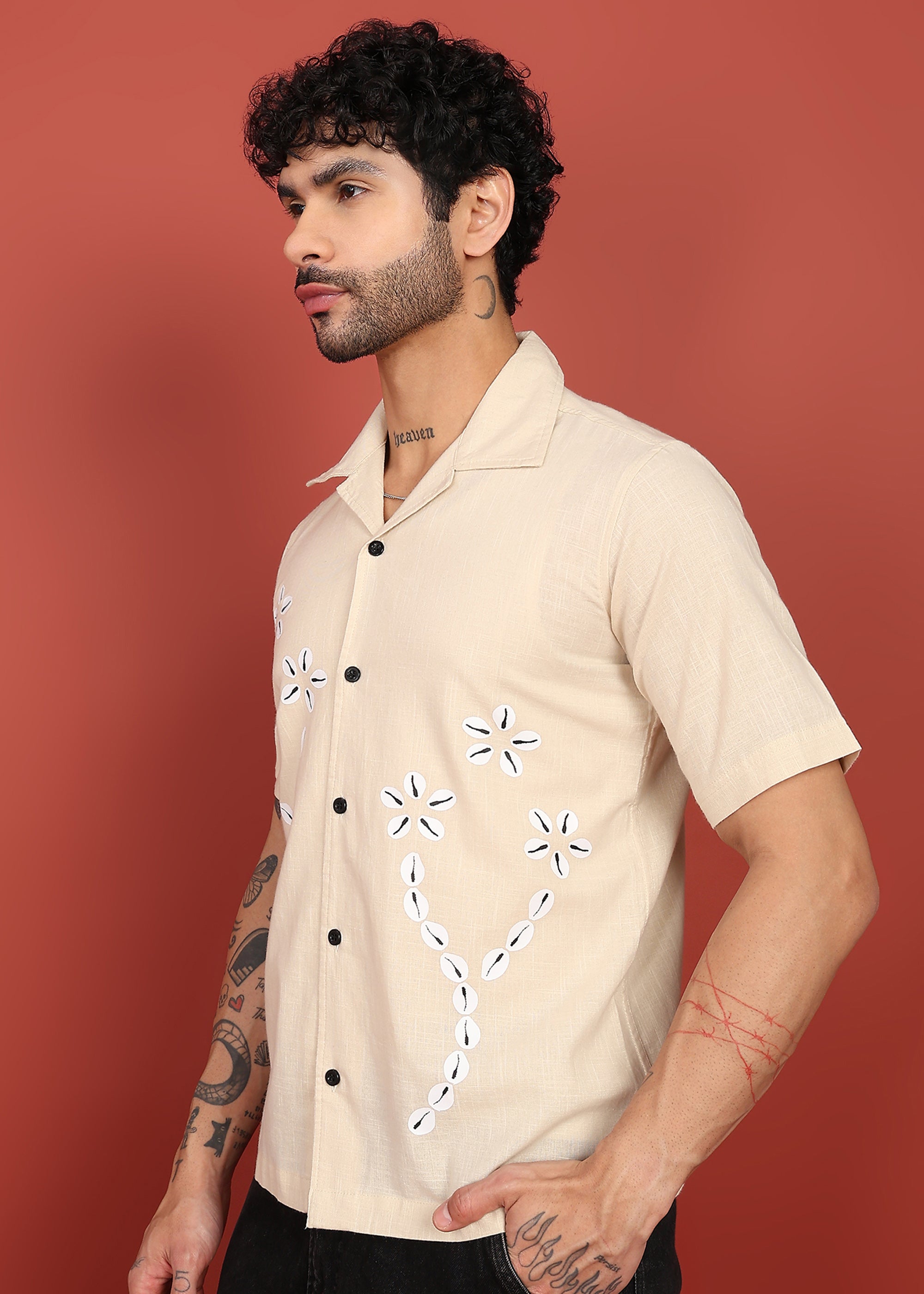 Fabmade Men’S Beige Linen Embroidered Resort Shirt | Grocsy