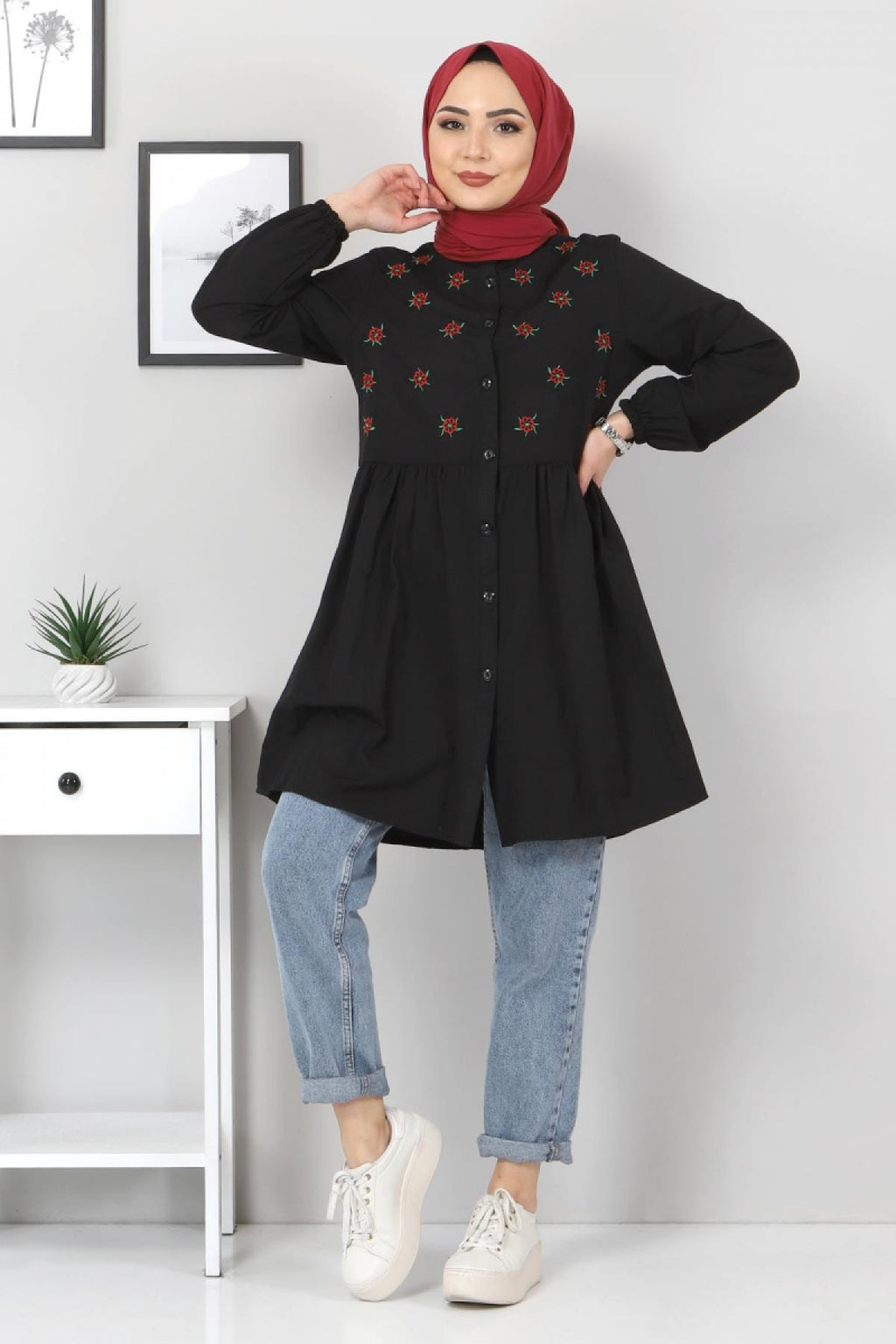 Pimu Muslim Wear Women's Embroidered Top - Black | Grocsy