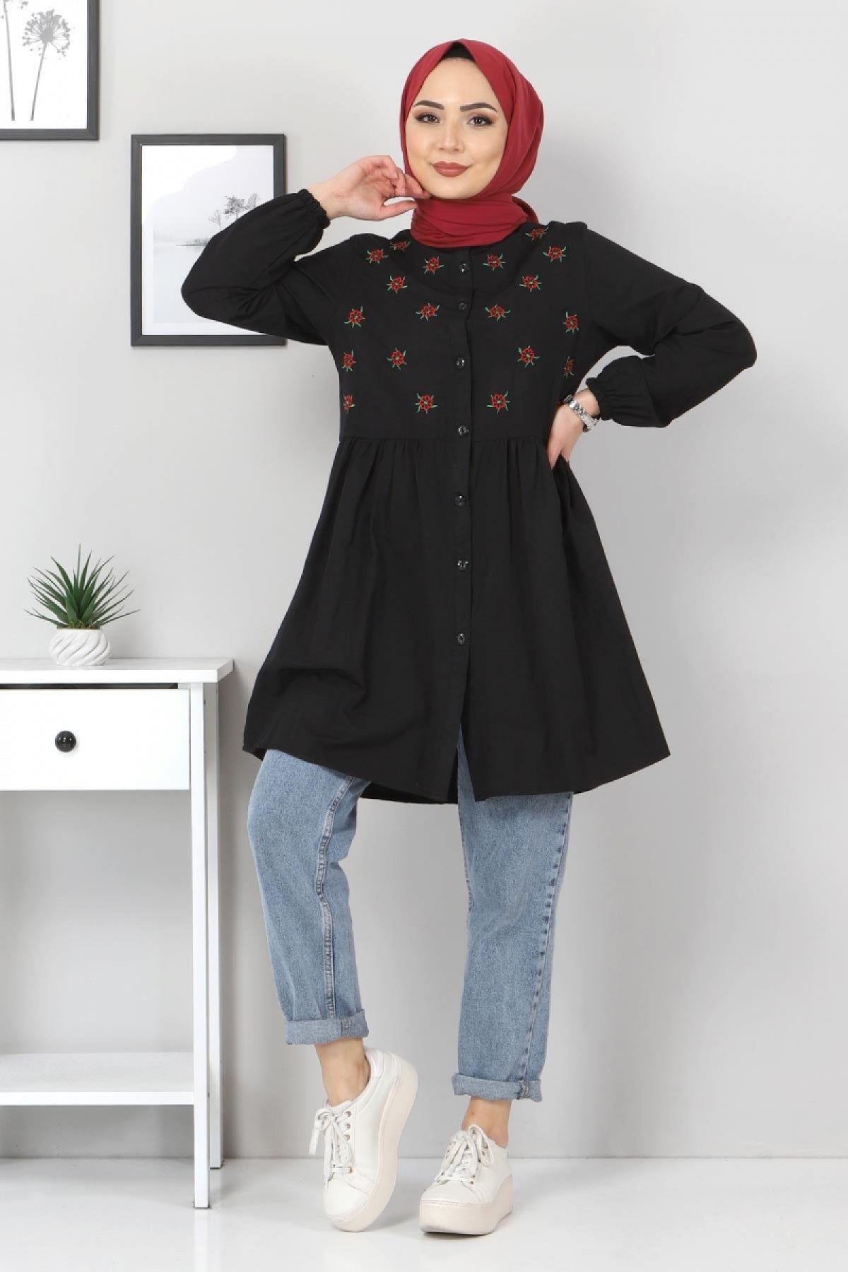 Pimu Muslim Wear Women's Embroidered Top - Black | Grocsy