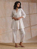 trueBrowns White With Small Floral Booti Print Cotton Pleated Co-Ord Set | Grocsy
