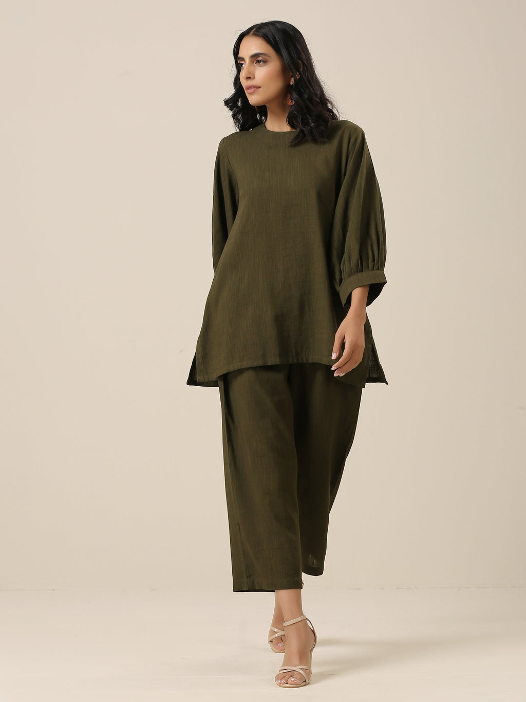 trueBrowns Olive Green Slub Texture Baggy Sleeve Co-Ord Set | Grocsy