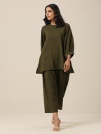 trueBrowns Olive Green Slub Texture Baggy Sleeve Co-Ord Set | Grocsy
