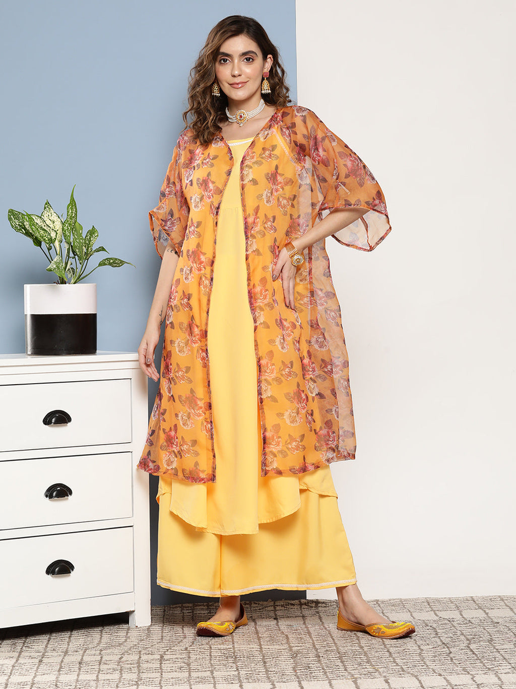 InWeave Women's Cassatta Yellow Cr Strappy Set With Mustard Brown Cape | Grocsy