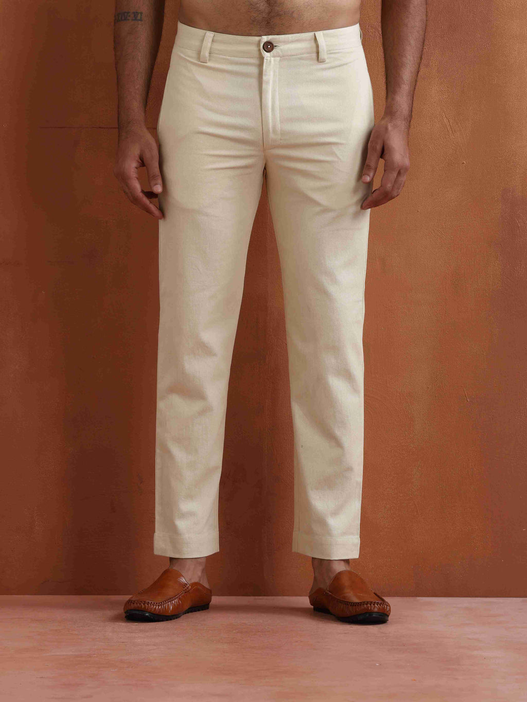 trueBrowns Men's Off White Cotton Twill Pants | Grocsy