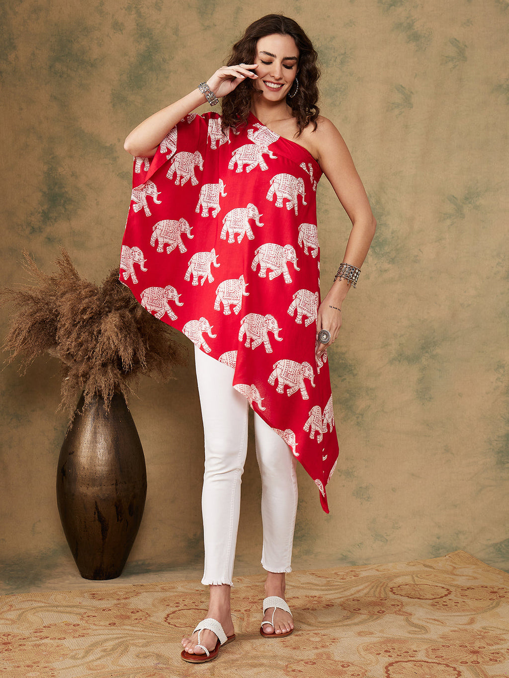 InWeave Women's Red Elephant Print Oneshoulder Top | Grocsy