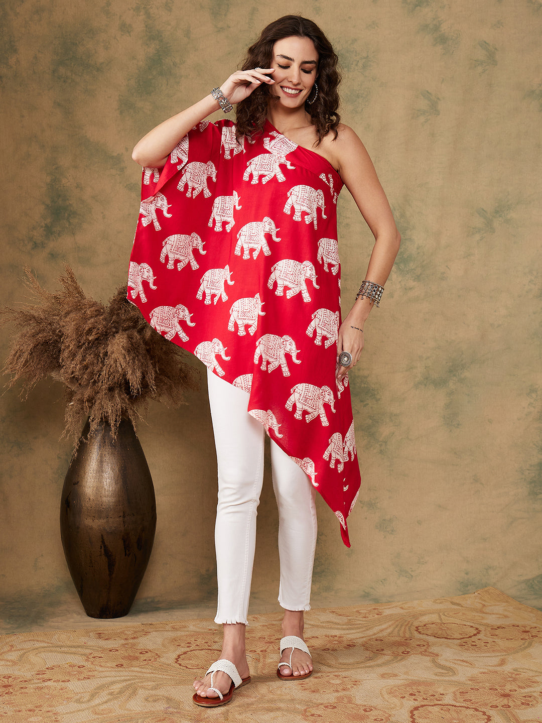 InWeave Women's Red Elephant Print Oneshoulder Top | Grocsy