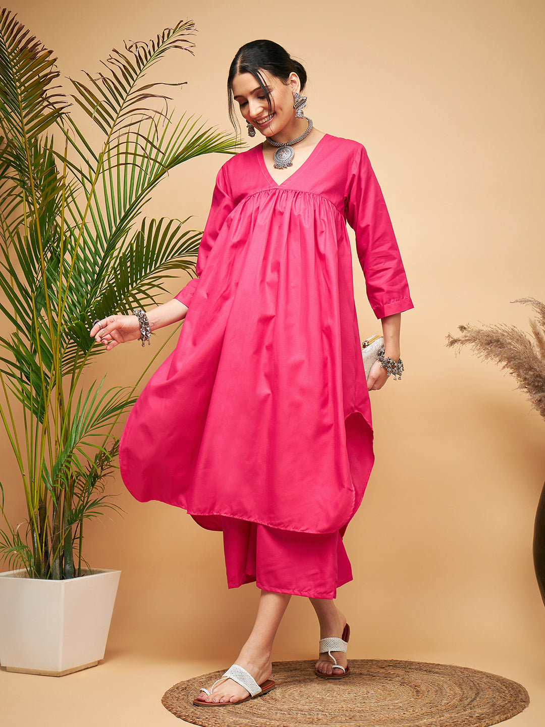 InWeave Women's Fuchsia Flared Kurta Palazzo Set | Grocsy