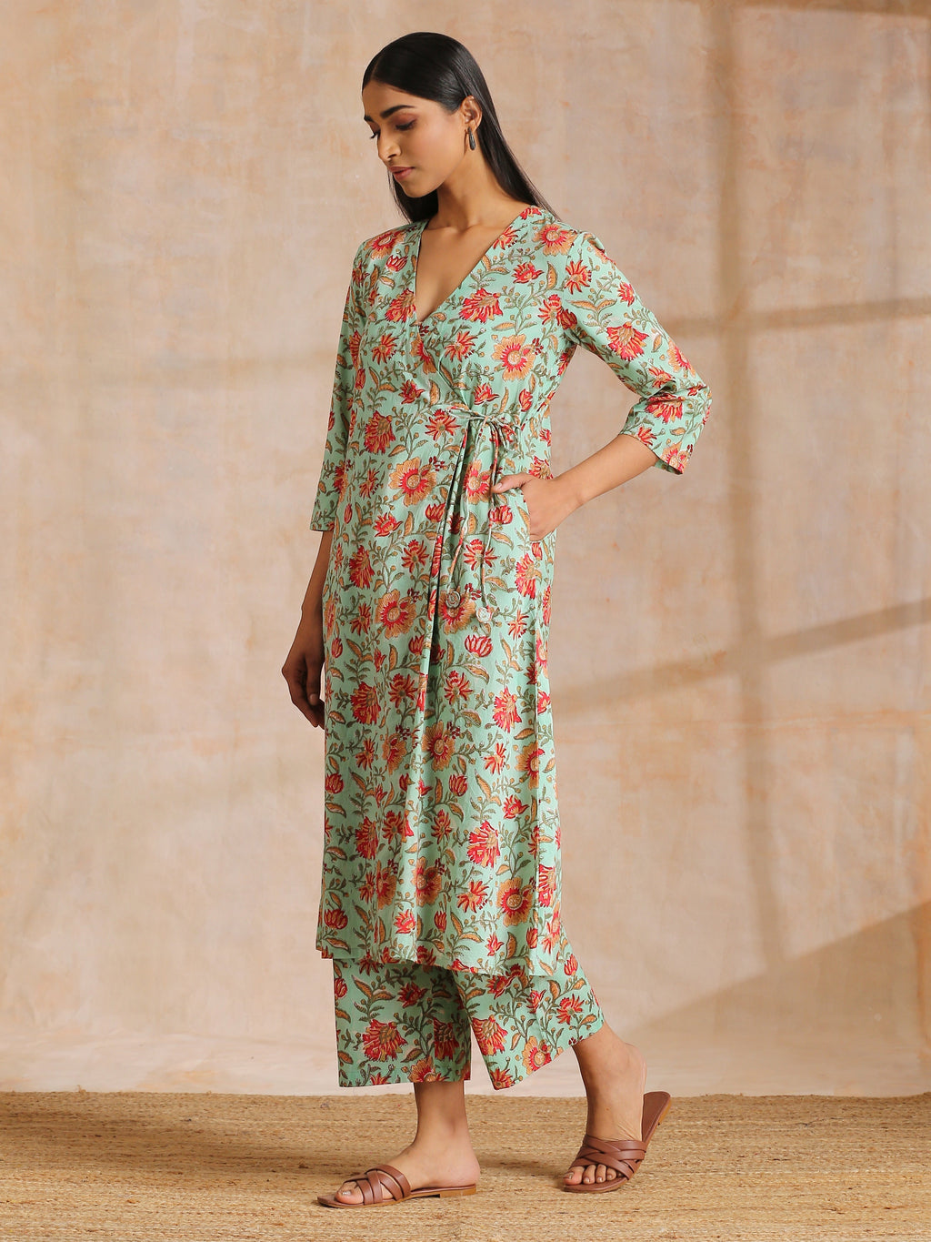 trueBrowns Seafoam Green Overall Floral Block Print Cotton Angrakha Pant Set | Grocsy