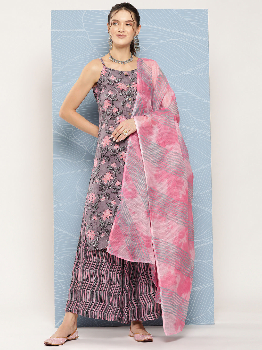InWeave Women's Mauve Abstract Strappy Set With Dupatta | Grocsy