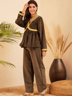InWeave Women's Brown Mughal Shaan Style Velvet Short Kurta Set | Grocsy