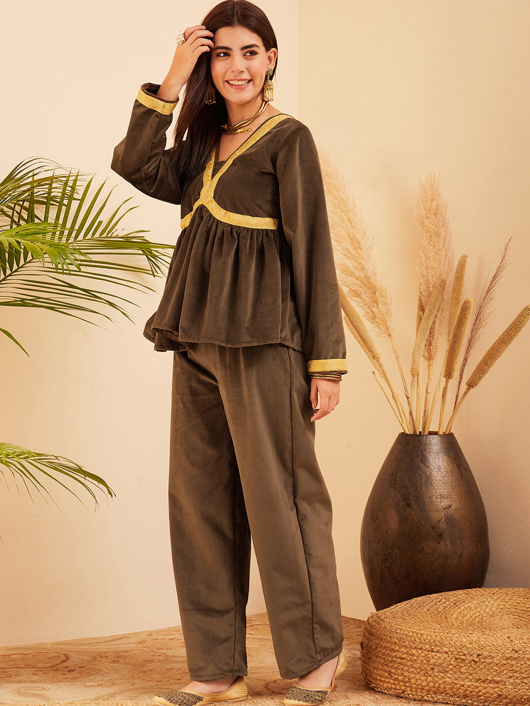 InWeave Women's Brown Mughal Shaan Style Velvet Short Kurta Set | Grocsy
