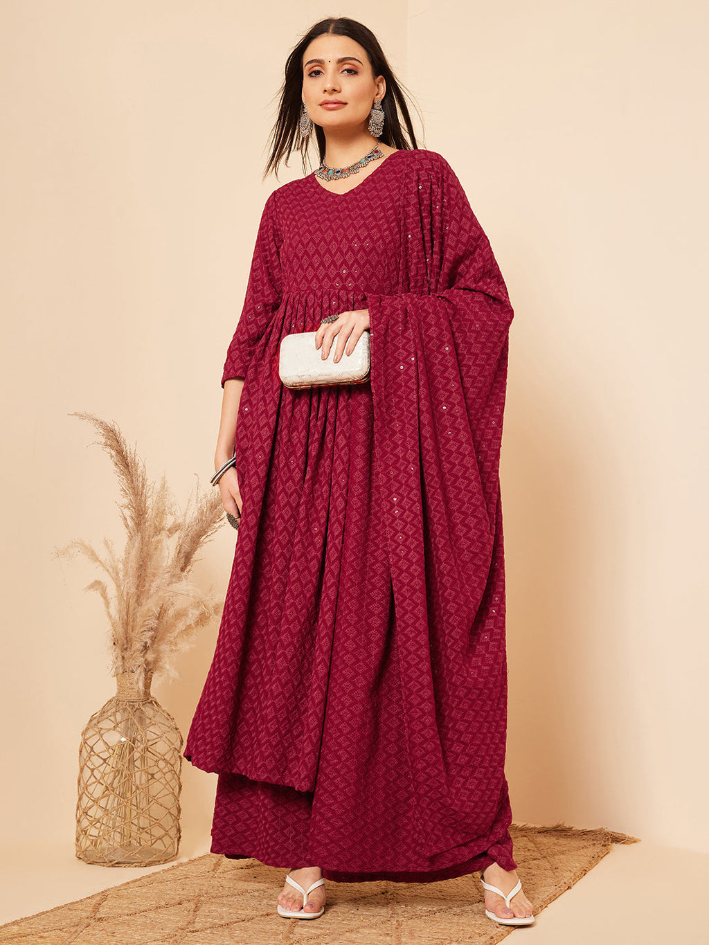 InWeave Women's Maroon Chikankari Long Anarkali Kurta Palazzo Set W Dupatta | Grocsy