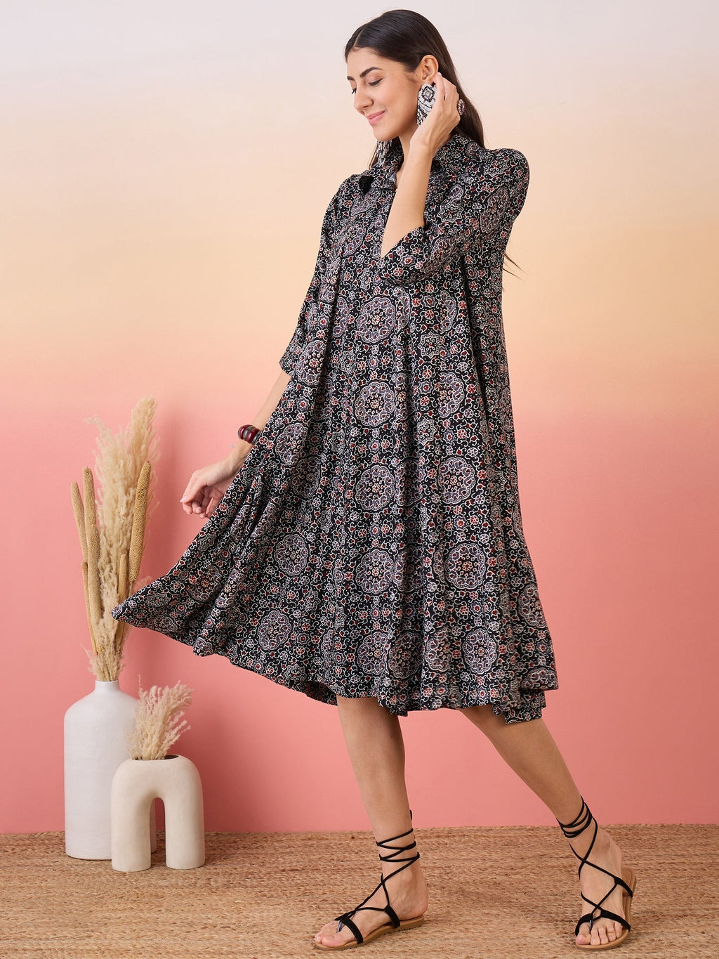 InWeave Black Maroon Ajrakh Foil Collar Flared Dress | Grocsy