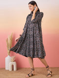 InWeave Black Maroon Ajrakh Foil Collar Flared Dress | Grocsy