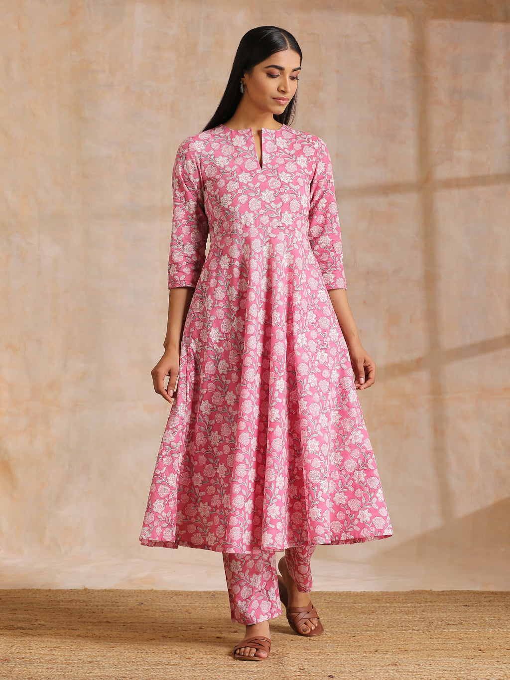 trueBrowns Pink Overall Floral Block Print Cotton Flared Kurta Pant Set | Grocsy