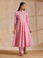 trueBrowns Pink Overall Floral Block Print Cotton Flared Kurta Pant Set | Grocsy