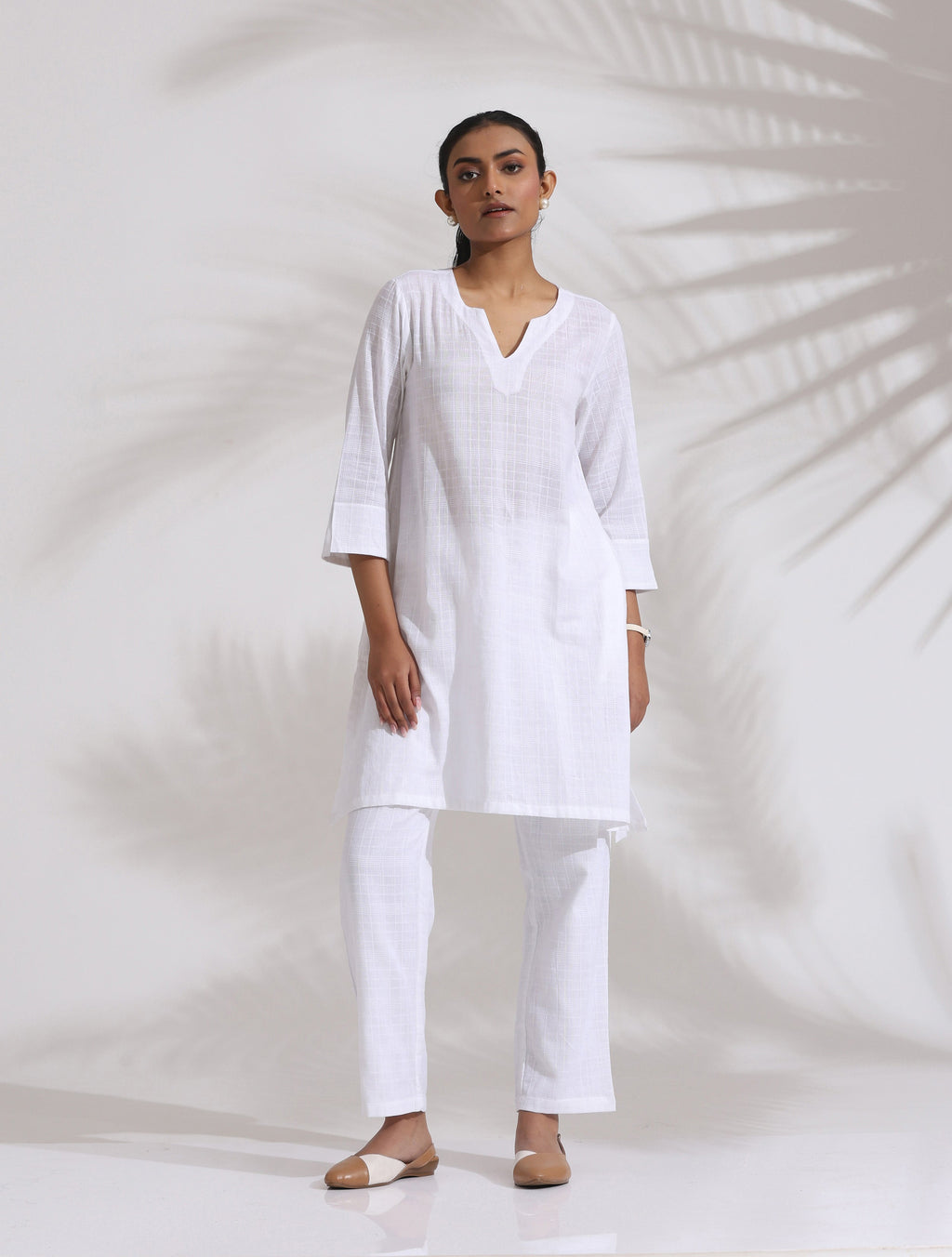 trueBrowns White Cotton Check Kurta Co-ord Set | Grocsy