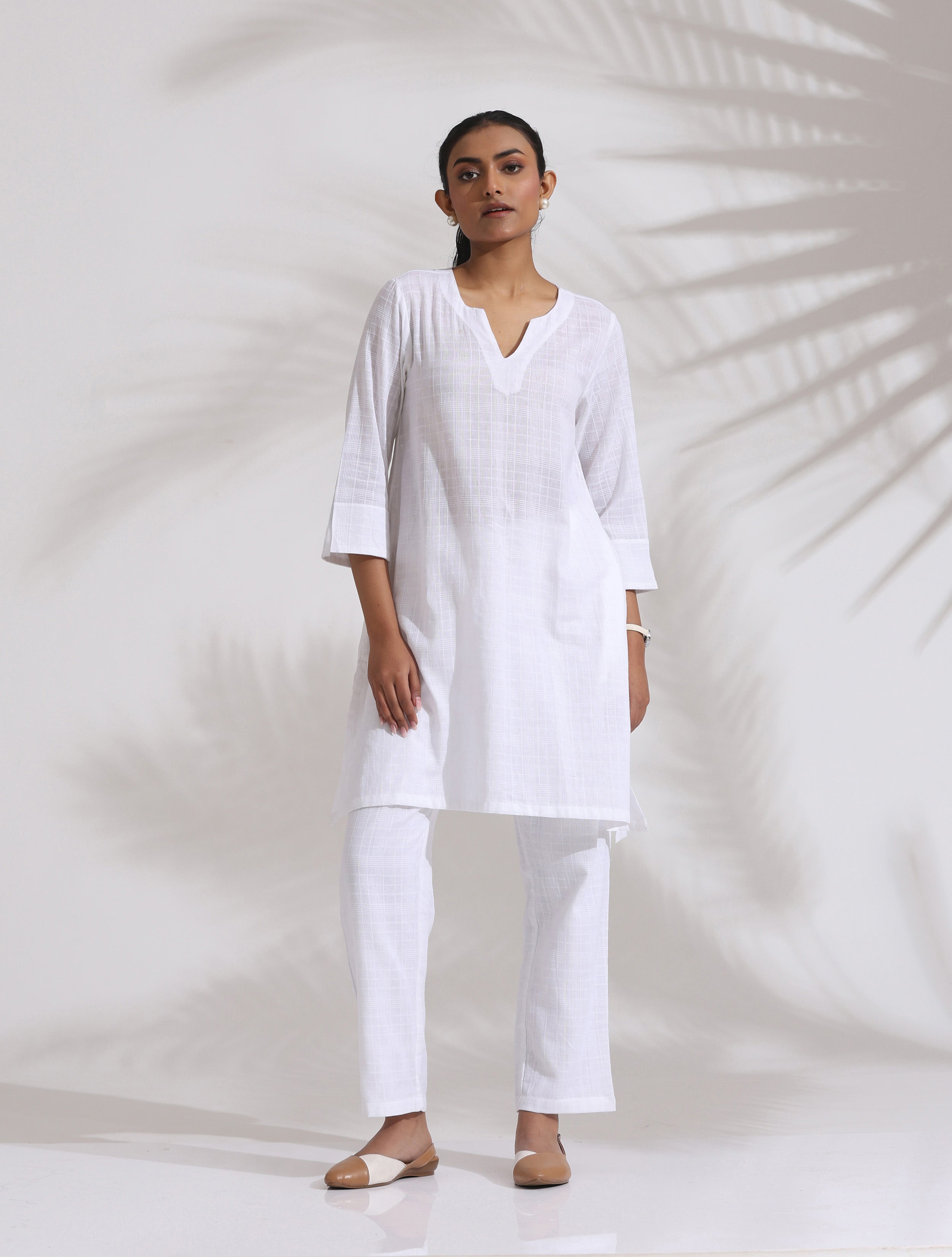 trueBrowns White Cotton Check Kurta Co-ord Set | Grocsy