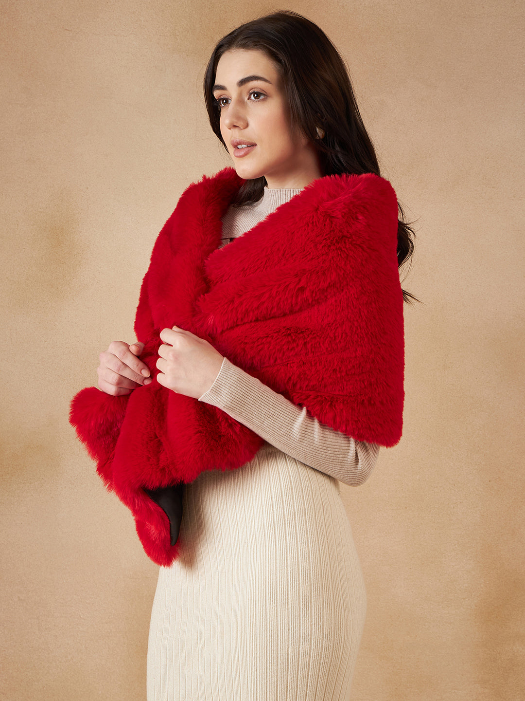 InWeave Women's Cherry Red Long Faux Fur Cape | Grocsy