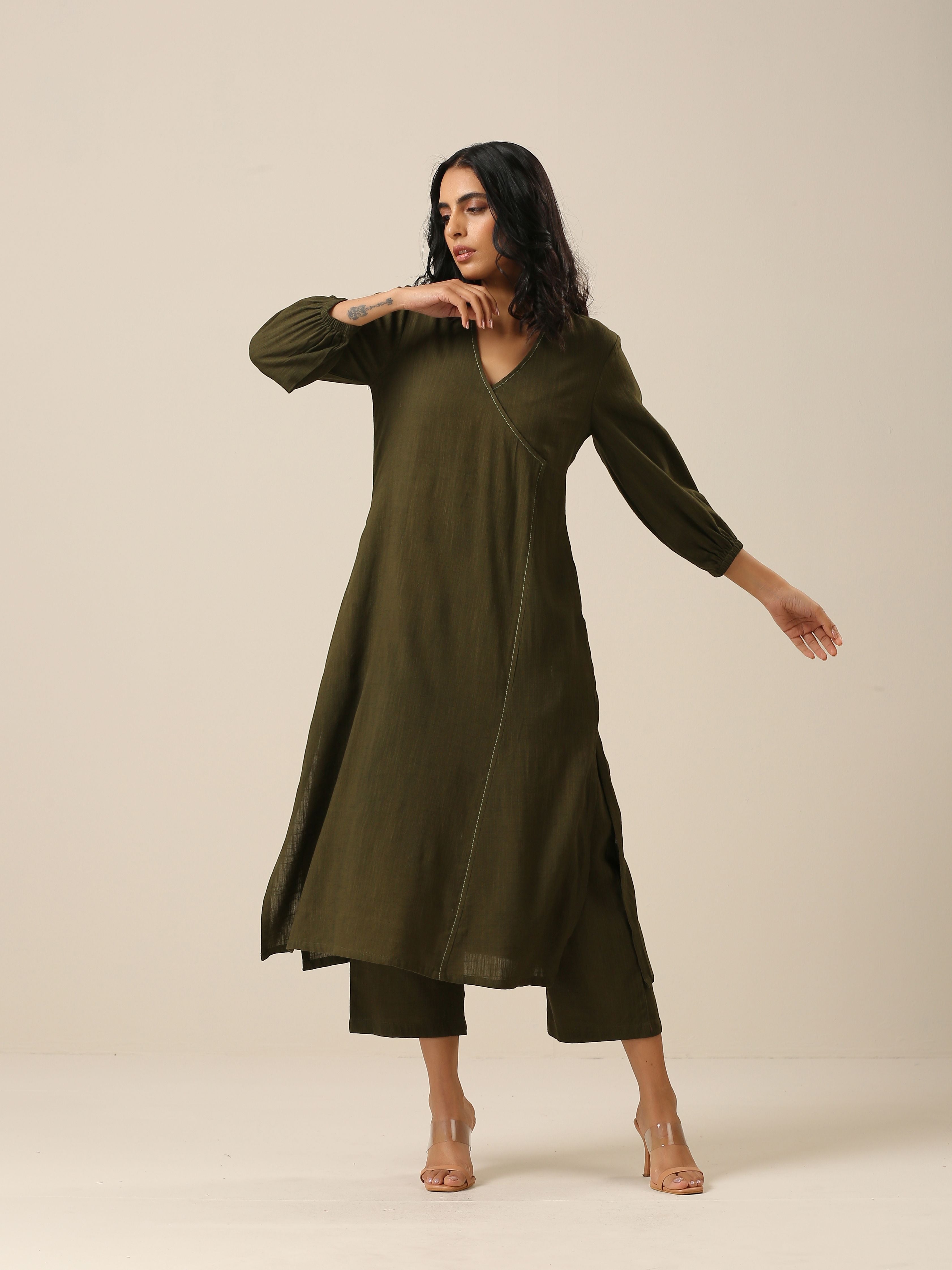 trueBrowns Olive Green Slub Texture Kurta Pant Set | Grocsy