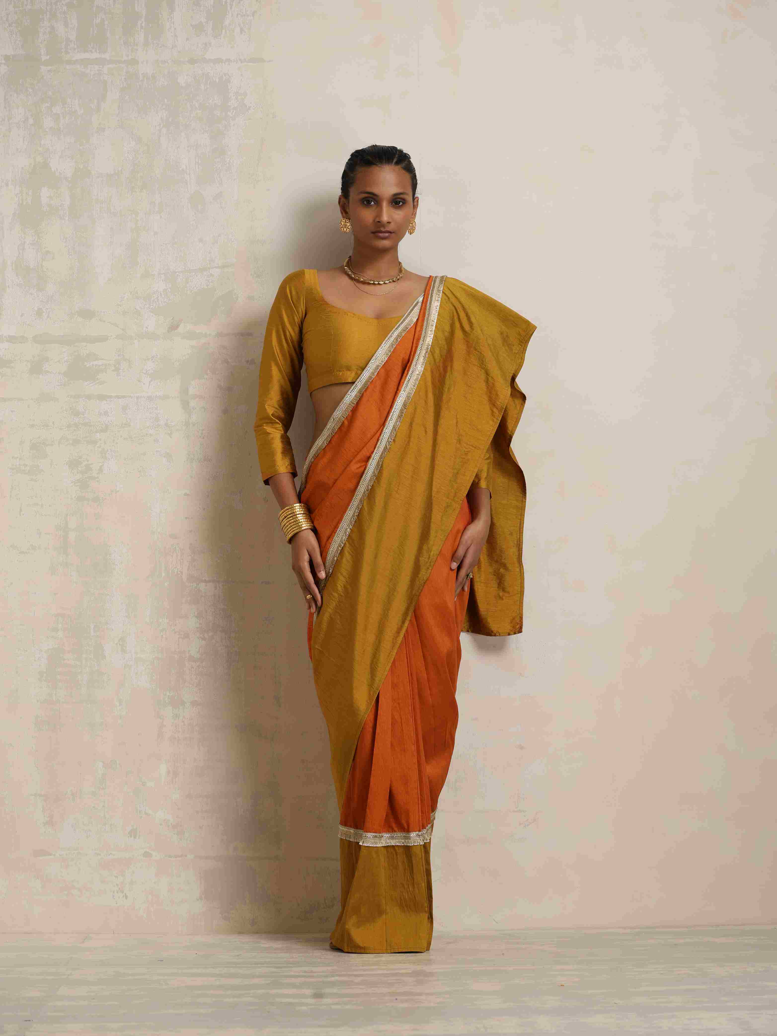 trueBrowns Orange Silk Ready To Wear Saree | Grocsy