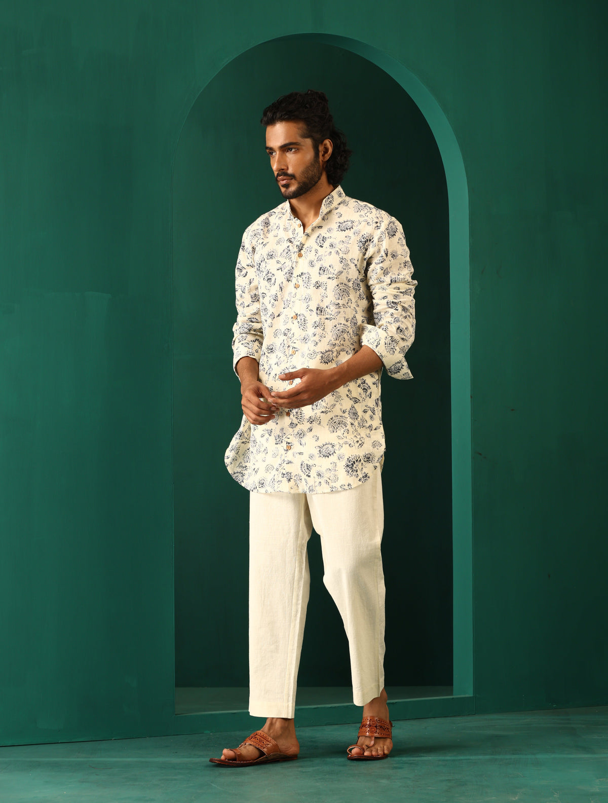 trueBrowns Men's Ivory Floral Cotton Printed Co-ord Set | Grocsy